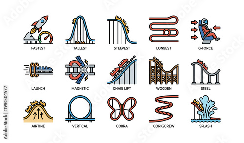 Roller coaster feature icons showing ride attributes and elements