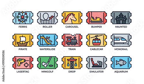 Amusement park ride ticket icons arranged in grid layout