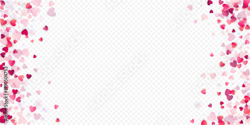 Heart love vector background. Valentine frame. Pink hearts confetti. Scattered love symbols. Random falling heart shape on transparent background. Beautiful Invitation, Greeting Card Illustration.