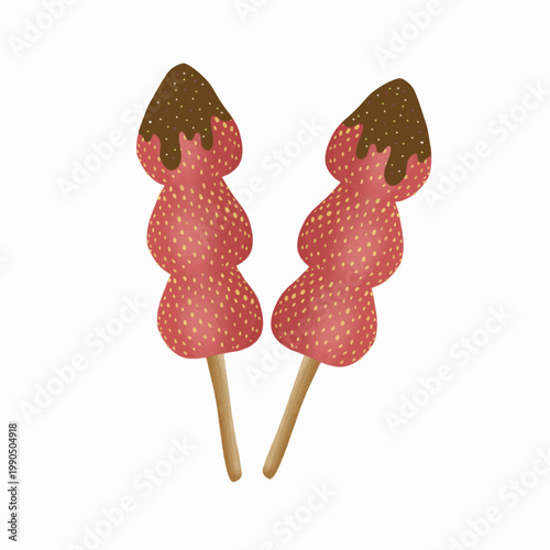 This illustration features two skewers of chocolate-dipped strawberries, presented in a soft and textured watercolor style. 