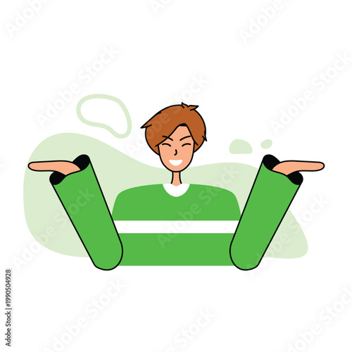 Happy young man with brown hair shrugging his shoulders and smiling. Excited male character presenting or choosing between options. Flat vector illustration of a boy.