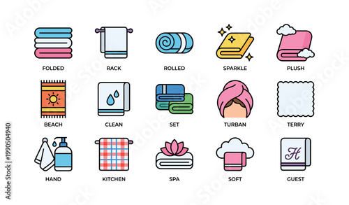 Towel and linen care icons showing styles and uses on white background