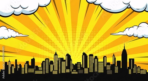 Golden yellow comic burst background with skyline silhouette and energetic pop art rays ideal for comic books, advertising and creative graphics.