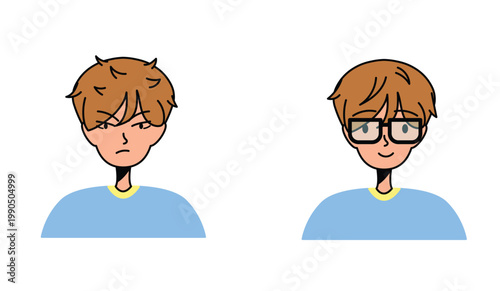 Vector illustration of man with narrowed eyes next to man wearing glasses. Character expressions. Before and after transformation of a young male.