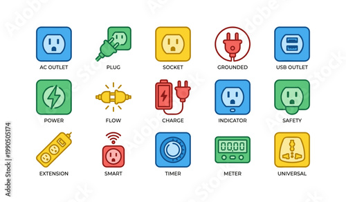 Electrical outlet and power icons arranged on white background