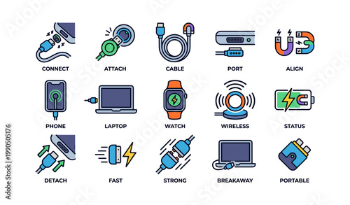 Magnetic charging and connector icons arranged on white background