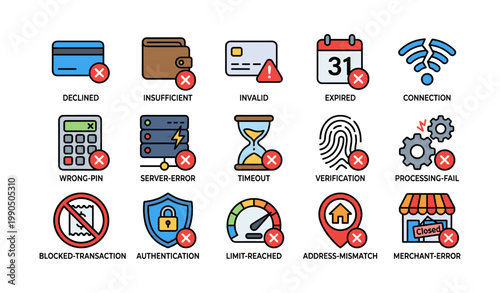 Payment and transaction error icons indicating failure states