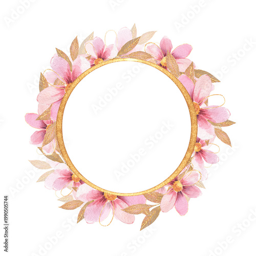 Gold round frame with watercolor pink flowers and beige leaves. Golden glitte...