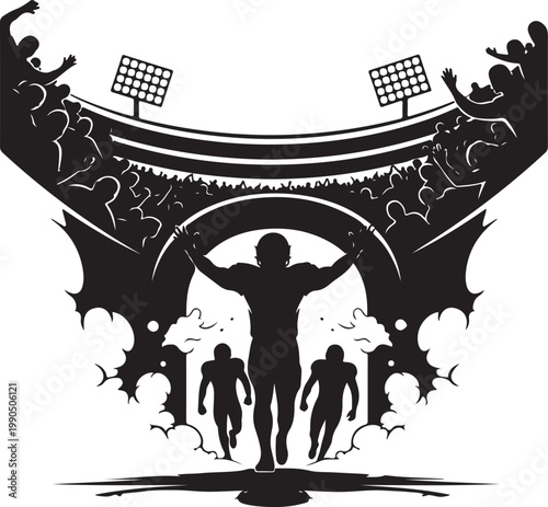 Silhouette of a triumphant athlete in a stadium with cheering crowd silhouette, Generative Ai