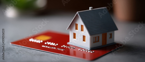 Small white house model placed on a red credit card representing real estate financing and mortgage concept with shallow depth of field