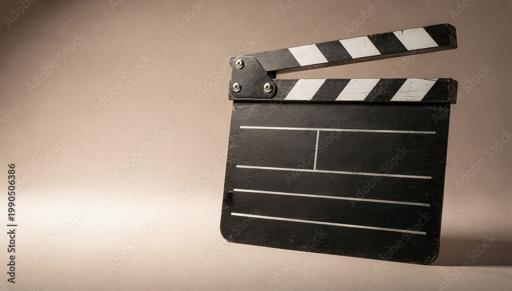 Fototapeta premium Classic Old-Fashioned Film Slate or Clapper Board in a Studio Setting, Ready for Action on a Production Set with Copy Space for Creative Design