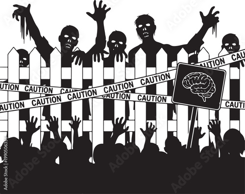 Silhouette of zombies behind a caution tape fence with a crowd, Generative Ai