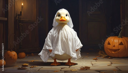 A duck in a white ghost costume stands in a dimly lit room with pumpkins