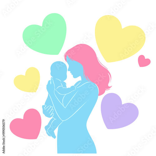 Mother tenderly holds baby surrounded by colorful hearts lovingly