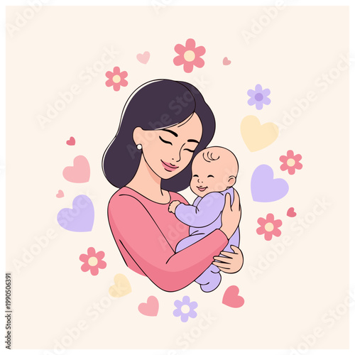 A loving mother gently holds her adorable baby surrounded by flowers and hearts in a tender moment.