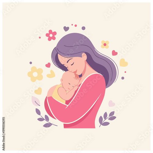 Loving mother gently holds and kisses her sleeping baby surrounded by flowers
