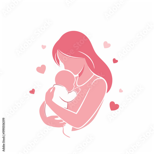 A mother lovingly holds and nurses her baby surrounded by hearts