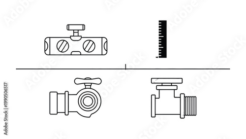 Plumbing components and Measurement Scale: A graphic representation of several plumbing components alongside a measurement scale. Each element is clearly depicted.