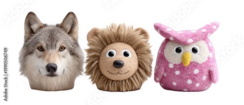 Three whimsical plush toys featuring a wolf, lion, and owl against a transparent background