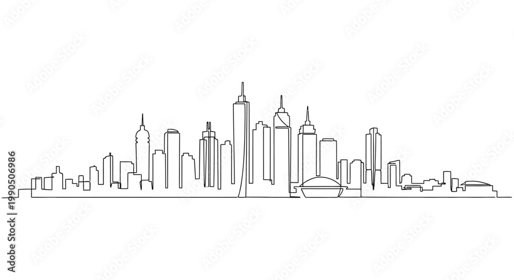 Fototapeta premium City skyline sketch with line art black and white city lights cityscape metropolis buildings