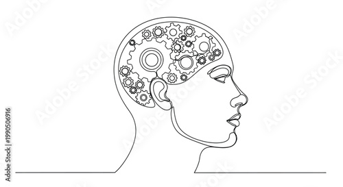 Tableau sur toile Head silhouette with gears in brain line art artificial intelligence problem sol