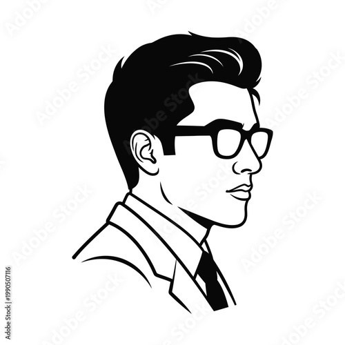 Black and white profile illustration of a stylish man wearing glasses, a shirt, and a tie, depicted in a retro pop art style.
