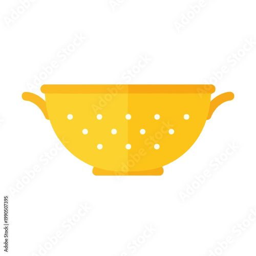 A bright yellow colander, a kitchen essential for draining and rinsing food, is depicted in a flat illustration style