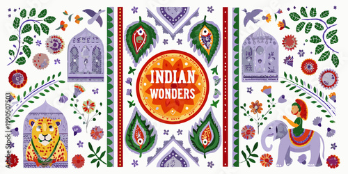A colorful illustration depicting iconic indian motifs animals and architectural elements