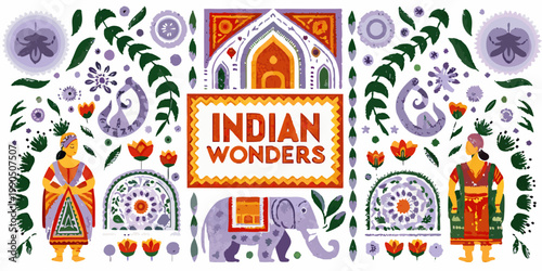 A vibrant illustration showcasing indian culture featuring architecture elephants and traditional figures