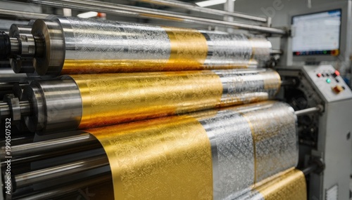 Footage of metallic gravure printing on film rolls highlighting reflective gold and silver patterns enhancing luxury packaging designs in a hightech production line.