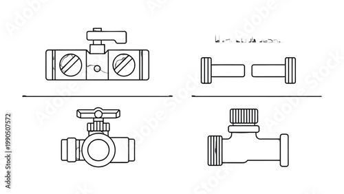 Engineering Precision: Detailed line illustrations showcase various facets of a mechanical valve, perfect for technical documentation and industrial applications. 