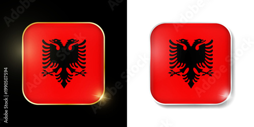 Albania flag shiny golden and silver icons isolated on black and white. Vector 3D square rounded illuminated buttons with shadow. Use for bets, tournament, olympic and sport games