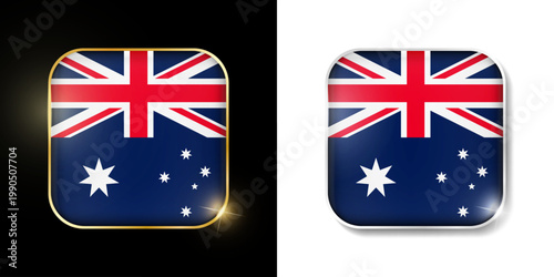Australia flag shiny golden and silver icons isolated on black and white. Vector 3D square rounded illuminated buttons with shadow. Use for bets, tournament, olympic and sport games
