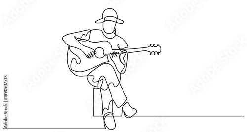 single one-line drawing of a male singer playing guitar and singing into a microphone, continuous line style, rock star and pop music concept vector illustration.