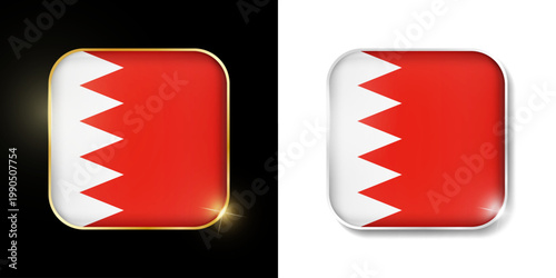 Bahrain flag shiny golden and silver icons isolated on black and white. Vector 3D square rounded illuminated buttons with shadow. Use for bets, tournament, olympic and sport games