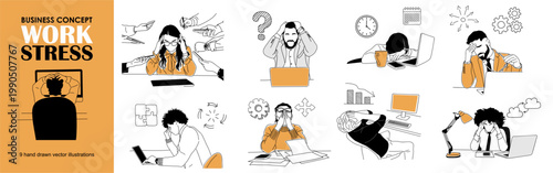Set of Sketch style illustrations of stressed office workers facing deadlines, burnout and workload pressure. Suitable for business, HR, productivity and mental health concepts.