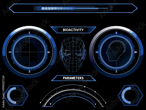 Futuristic interface displaying bioactivity parameters with a human head scan in the center
