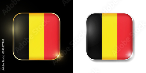Belgium flag shiny golden and silver icons isolated on black and white. Vector 3D square rounded illuminated buttons with shadow. Use for bets, tournament, olympic and sport games