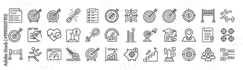 Collection of simple black icons representing goal setting and achievement