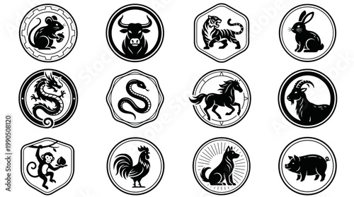 A complete collection of twelve elegant black and white vector illustrations depicting the traditional Chinese Zodiac animals, symbolizing the ancient lunar calendar and astrological fortune