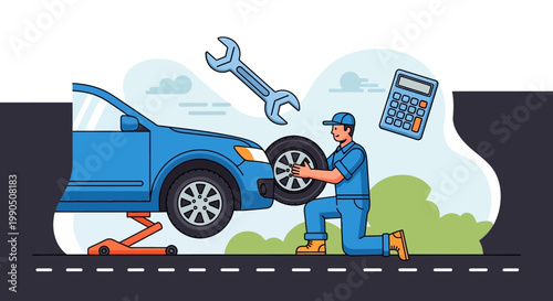 Mechanic changing a car tire outdoors.