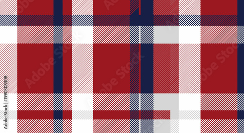 Red White and Blue Tartan Plaid Vector Illustration, Seamless Fabric Pattern for Textile Design, Classic Scottish Checkered Texture for Apparel and Home Decor