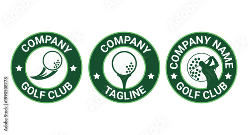 Green Round Golf Club Logo Badge Template Set with Golf Ball and Golfer Silhouette on White Background