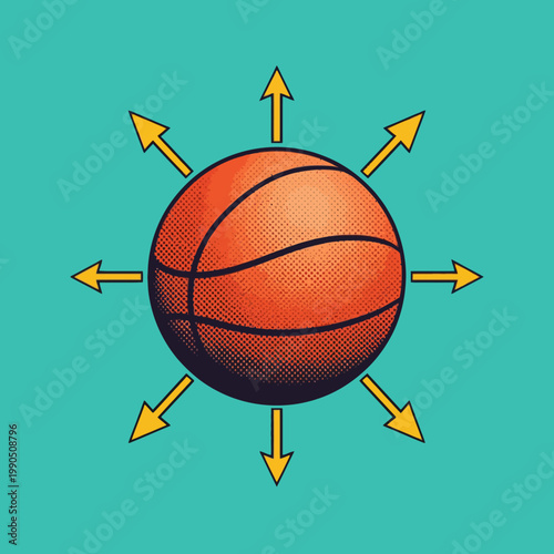 Basketball illustration with arrows representing force direction