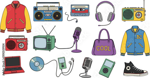Retro Lifestyle Collection with Vintage Music Devices, Fashion Jackets, Accessories and Technology Elements for 90s Culture, Trendy Design and Creative Vector Illustration.