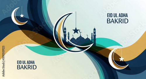 Eid Ul Adha Bakrid greeting card with crescent moon and mosque silhouette Islamic holiday celebration banner abstract background design