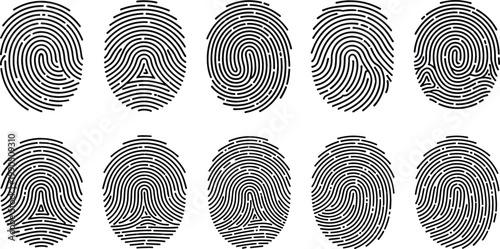 Fingerprint patterns set with unique biometric identification marks, forensic security and identity verification concept, detailed black vector illustration collection