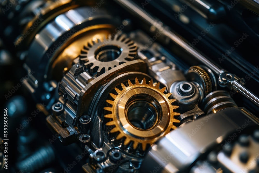 Fototapeta premium Gearbox metal gear mechanical part industrial machine precision engineering golden gear steel component close up macro photography machinery detail transmission system machine part engineering