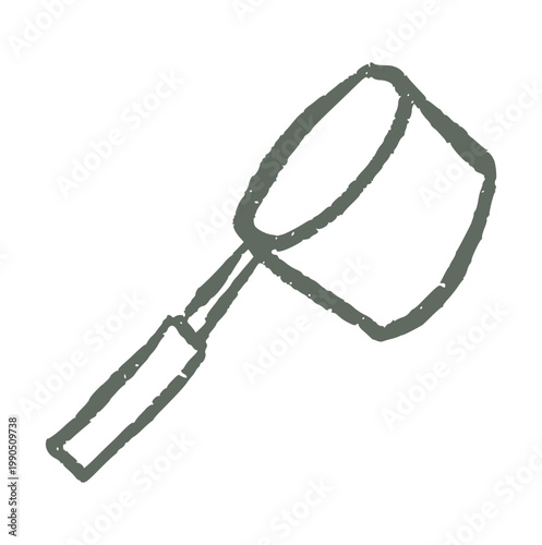 Water dipper crayon wax doodle style, rough textured hand drawn, plastic ladle icon, traditional scoop sketch, household tool, naive nursery artwork