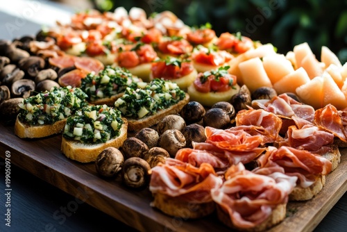 Gourmet appetizer platter with bread slice, cured meat, mushroom, melon, and vegetable topping on wooden board